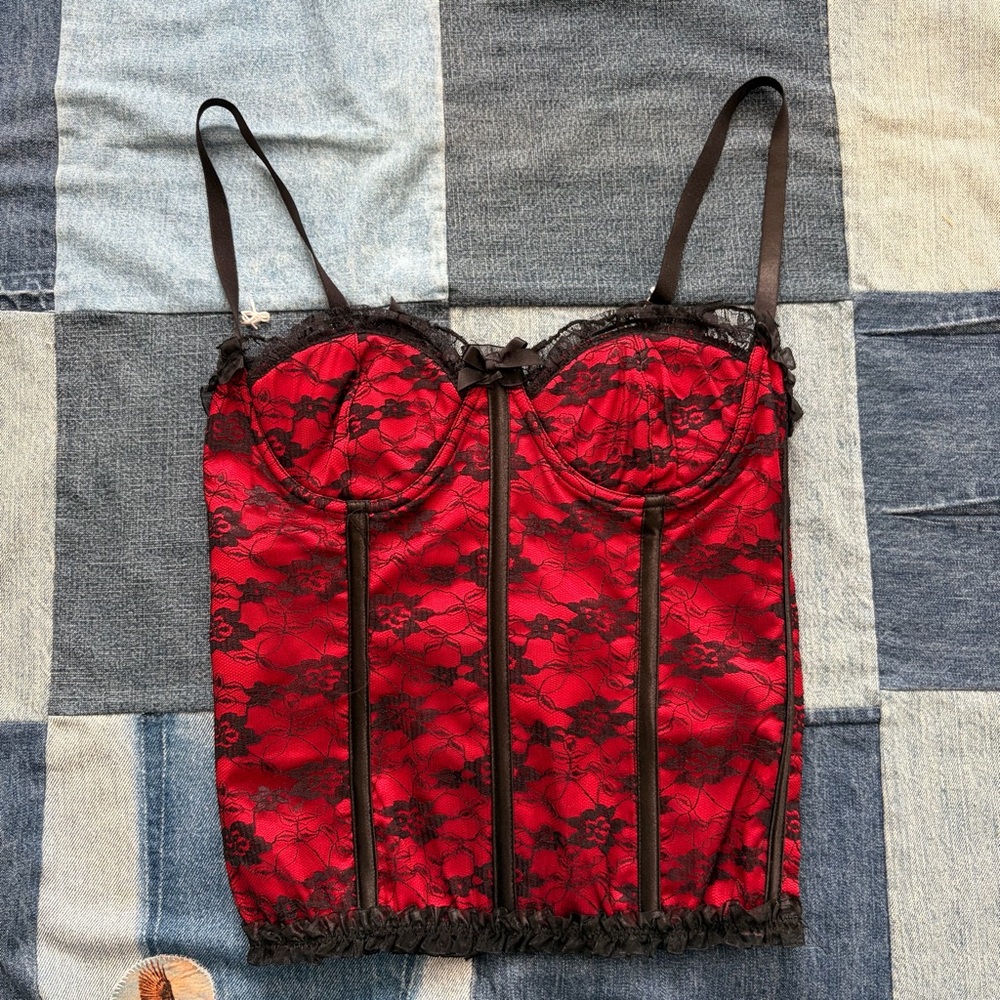 elegant moments red black lace corset top satin goth